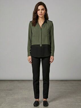 Zara Olive Green Military Mixed Media Button Down Shirt XS